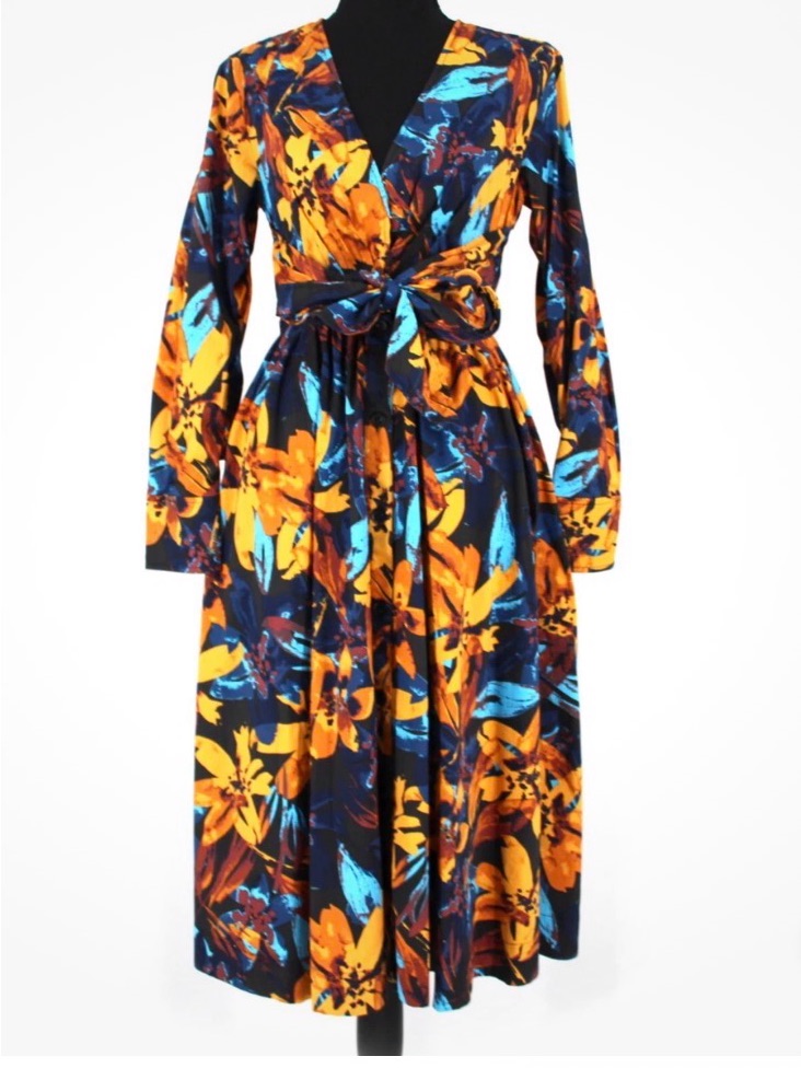 Marissa Webb Navy Midi Wrap Dress With Yellow & Blue Floral Print